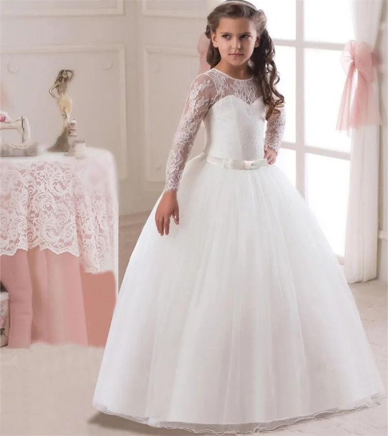 Spring New Ankle Length Lace Long Sleeve Ruffle Long Dress Piano Party Performance Costume Little Girl Princess Dress