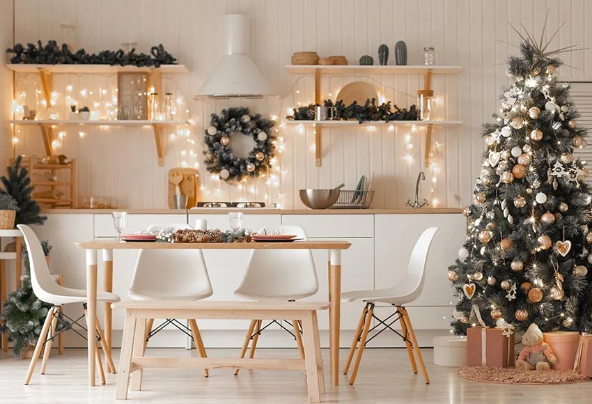Avezano cenários de inverno feliz natal árvore grinalda cozinha presente luzes mesa decoração banners fotografia fundo estúdio foto