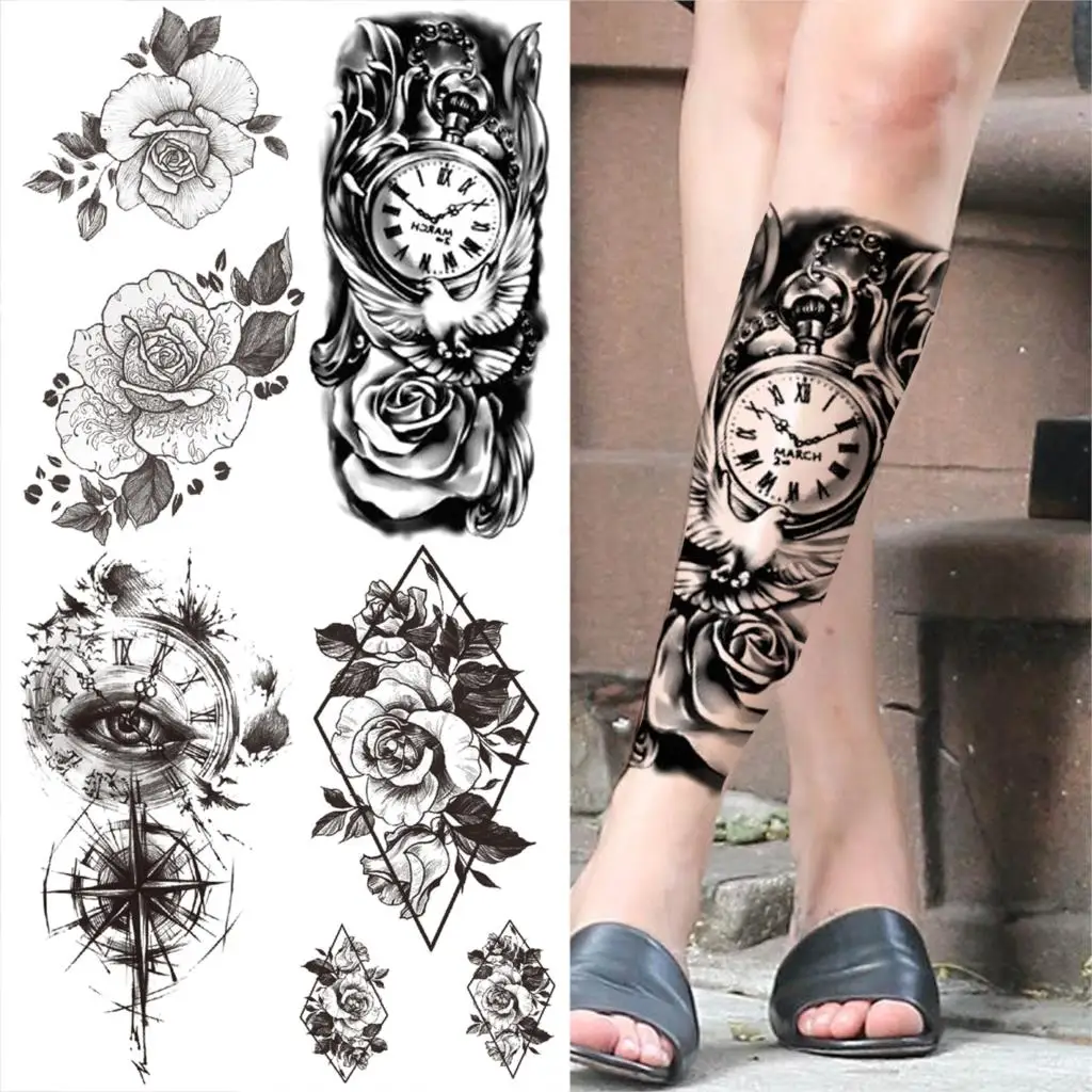 Black Compass Rose Temporary Tattoo For Women Men Adult Flower Evil Eye Fake Tattoo Sticker Thigh Half Sleeve Tatoo Cosmetic