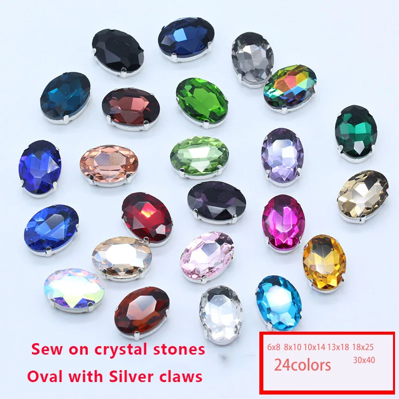 24Colors All Sizes 6-30MM Sew On Oval Silver Button Rhinestone Crystal/Diamante/Montee/ Jewelry/ Diy  Wedding Dress Shoes Crafts