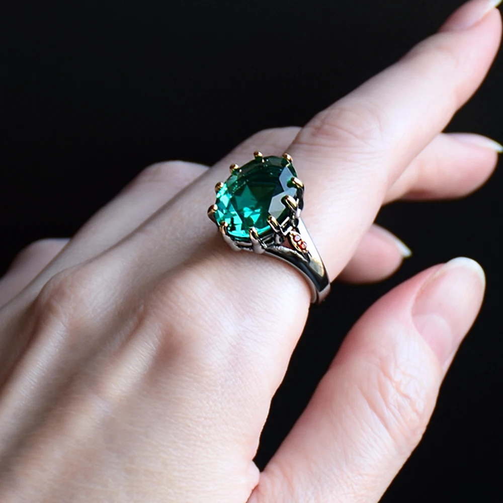 

Christmas Gift For Mom Oval Green Crystal Ring Vintage 2 Tone Jewellery Anniversary Luxury Large Zirconia Stone Rings