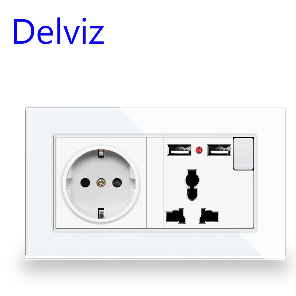 Delviz USB wall power socket, 5V 2A USB charging interface, EU jack + universal jack, Tempered Crystal Glass Panel Double Outlet