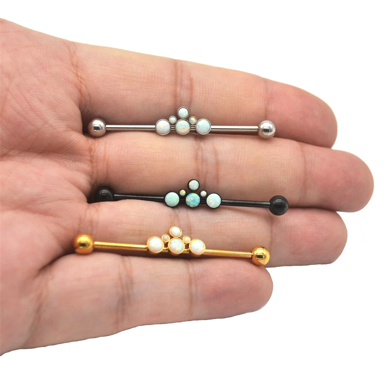 

Industrial Scaffold Opal Barbell Ear Piercing Bar Surgical Steel Charm 14G Long Earring Stud Barbell Black Gold Color