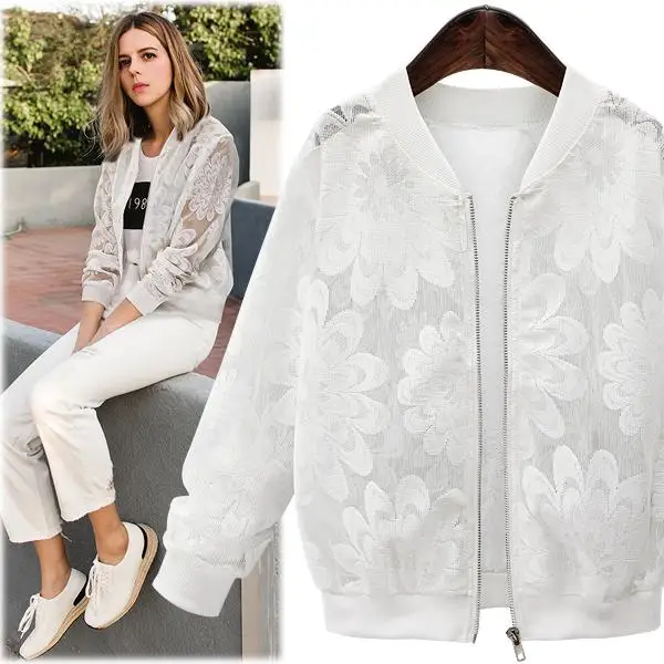 Lace Sleeve Women Basic Coats Long Sleeve Lace Patchwork Transparent Zipper Casual Slim Jacket Coat Bomber Jacket Outwear 0325