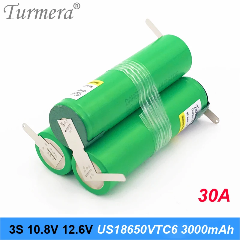 Turmera 3S 12.6V 4S 16.8V 5S 21V 6S 25V US18650VTC6 3000Mah แบตเตอรี่30A สำหรับ Shurika ไขควง (ปรับแต่ง)