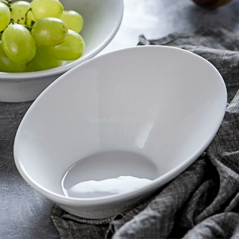 Ceramic Pure White Bowl Household Thicken Japanese Large Bowl Fruit Salad Bowl Oblique Creative Hotel Tableware LB70710