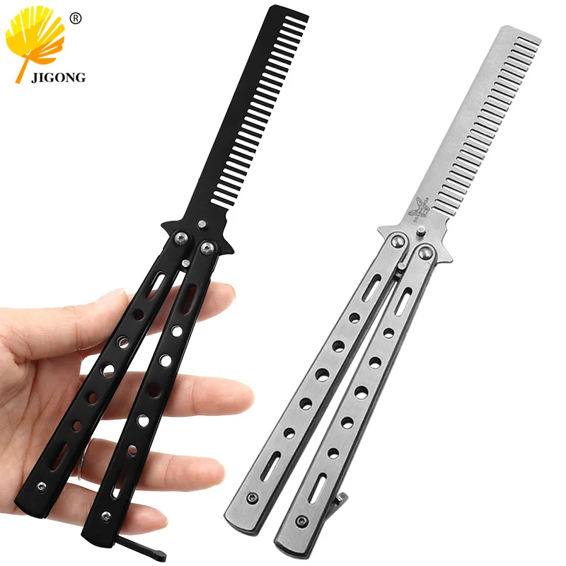 Butterfly Knife Comb Foldable Comb Stainless Steel Practice Training  Beard Moustache Brushe Salon Hairdressing Styling Tool