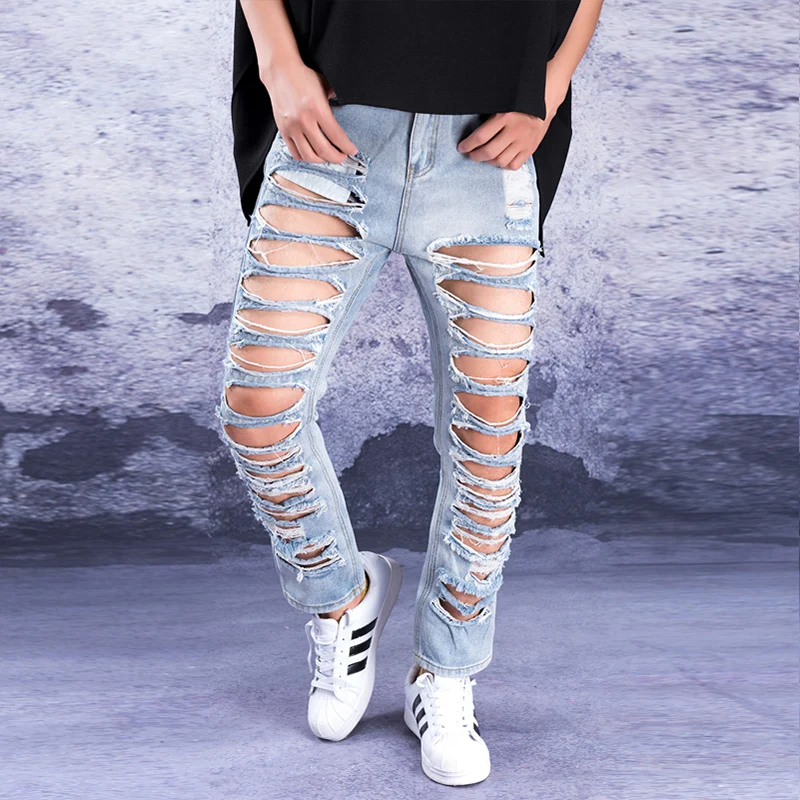 Hole jeans men's summer trend nine points pants tide brand big hole exaggerated super hole denim pants high street