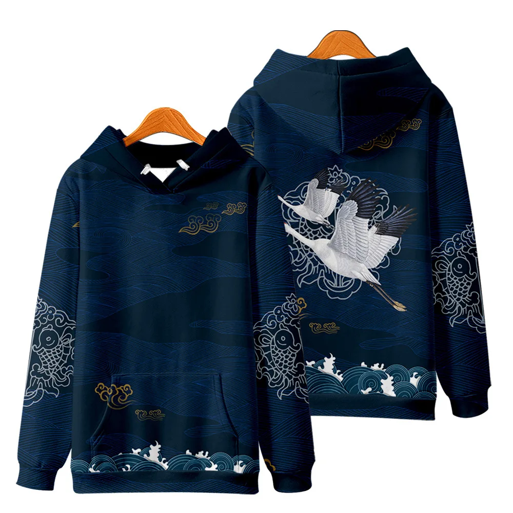 Harajuku Crane Print Hoodie Sweatshirt Autumn Japanese Casual Oversized Hooded Hoodie Hip Hop Pullover Women Men Clothing
