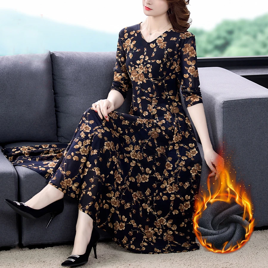 Autumn Winter Casual Vintage New Knitting Dress Elegant Floral Plush Padded Warm Midi Dress Women Bodycon Evening Vestidos