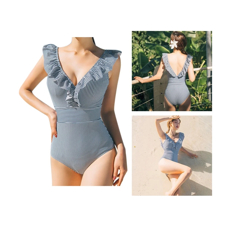 Sexy Female Retro V Neck Blue Striped Swimsuit One Piece Ruffled Push Up Padded High Waist Swimwear Women