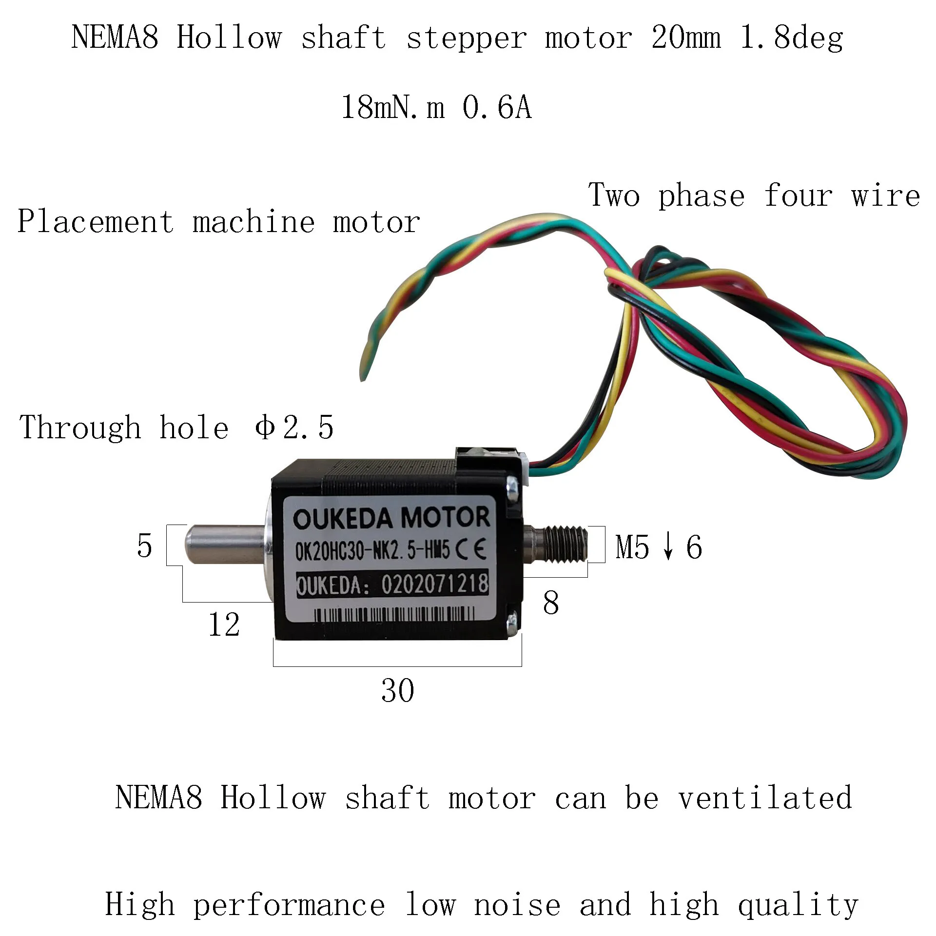 Nema 8 Motor Stepper Poros Berongga 1.8 Derajat Torsi Besar SMT dengan Ulir M5 Motor 20HC30-NK2.5-HM5 Kebisingan Rendah dan Kualitas Tinggi