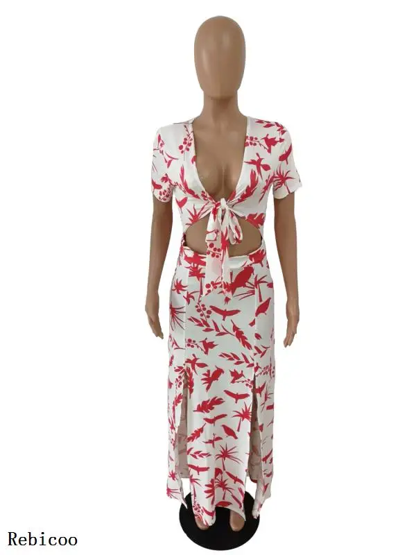 Vrouwen Nieuwe Zomer Print Tie Up V-hals Korte Mouw Uitsnede Taille Slanke Maxi Jurk Sexy Beach Party Club Lange jurken Rebicoo