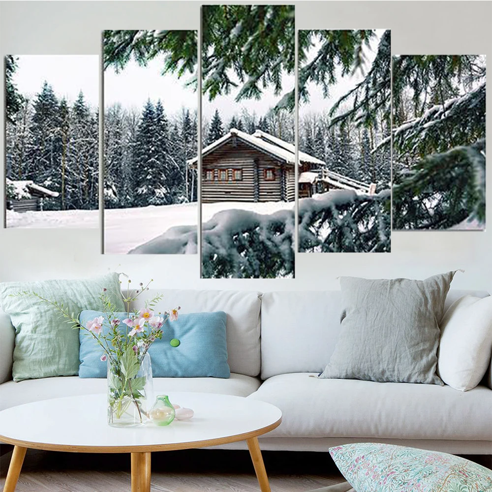 5 Pieces Wall Art Canvas Painting Cabin In Snow Winter Scene Landscape Poster Modular Picture Home Decoration Modern Living Room