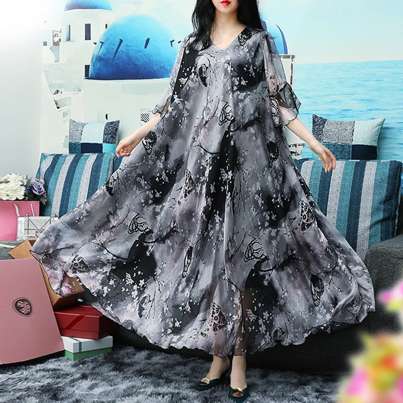 Sukienka Maxi z wybiegu Plus Size damska dzwonkowy rękaw luźna talia z Vintage, w kwiaty nadrukiem szyfonowa sukienka na wakacje Baby Shower długa