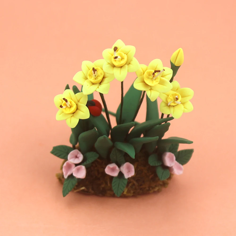 1/12 Dollhouse Miniature Accessories Mini Tulip Daffodils Morning Glory Simulation Garden Flower Model Toys for Doll House Decor