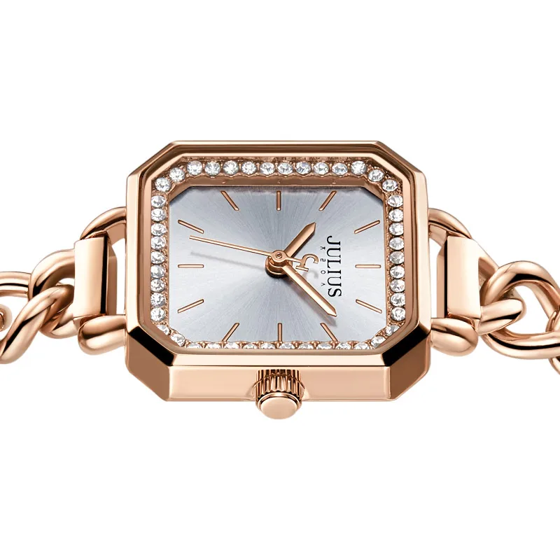 Julius Watch  JA-1292 Women Stainless Steel Bracelet Band Square Face With A Circle Of Crystal Top Brand Luxury Watch