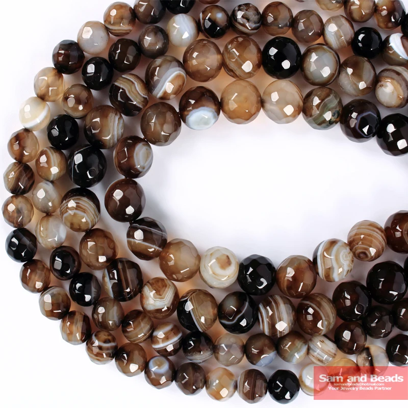 Natural Stone Faceted Coffee Stripe Agates Beads 4.6,8,10,12mm Pick Size For Jewelry Making PSB01