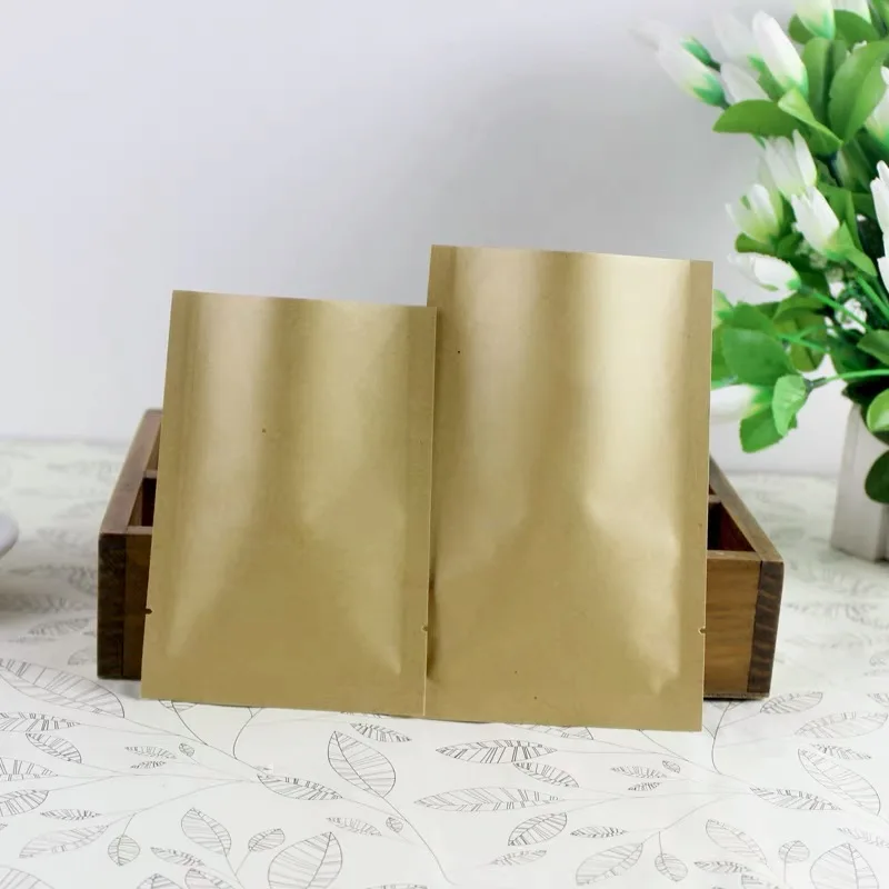 100pcs Flat Bottom Kraft Paper Open Top Bag Tea Powder Coffee Zip Lock Bag Paper Gift Wedding Bag Heat Sealing Vacuum Bag