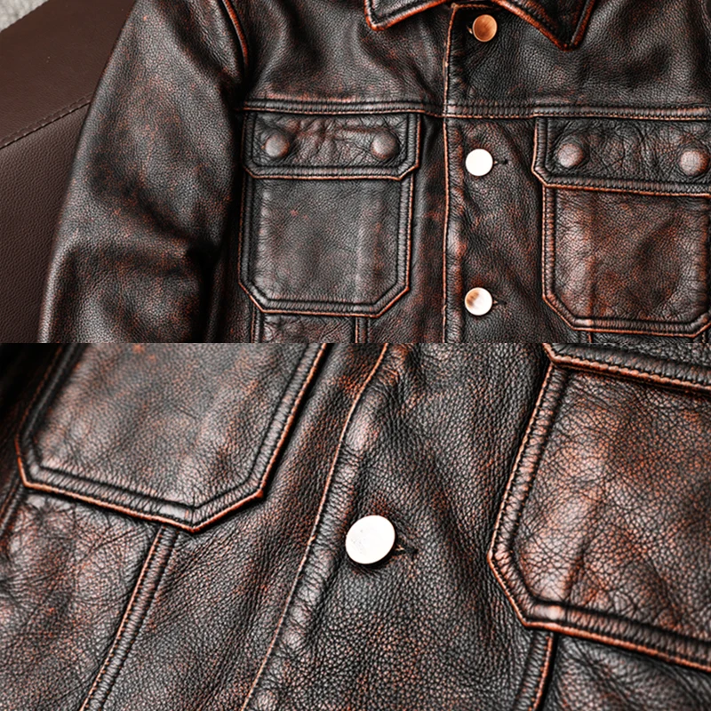 COPERSIAN Vintage Men Leather Jackets Cowhide Motorcycle Genuine Leather Motor Biker Clothing Distressed Leather Coat  Air Force
