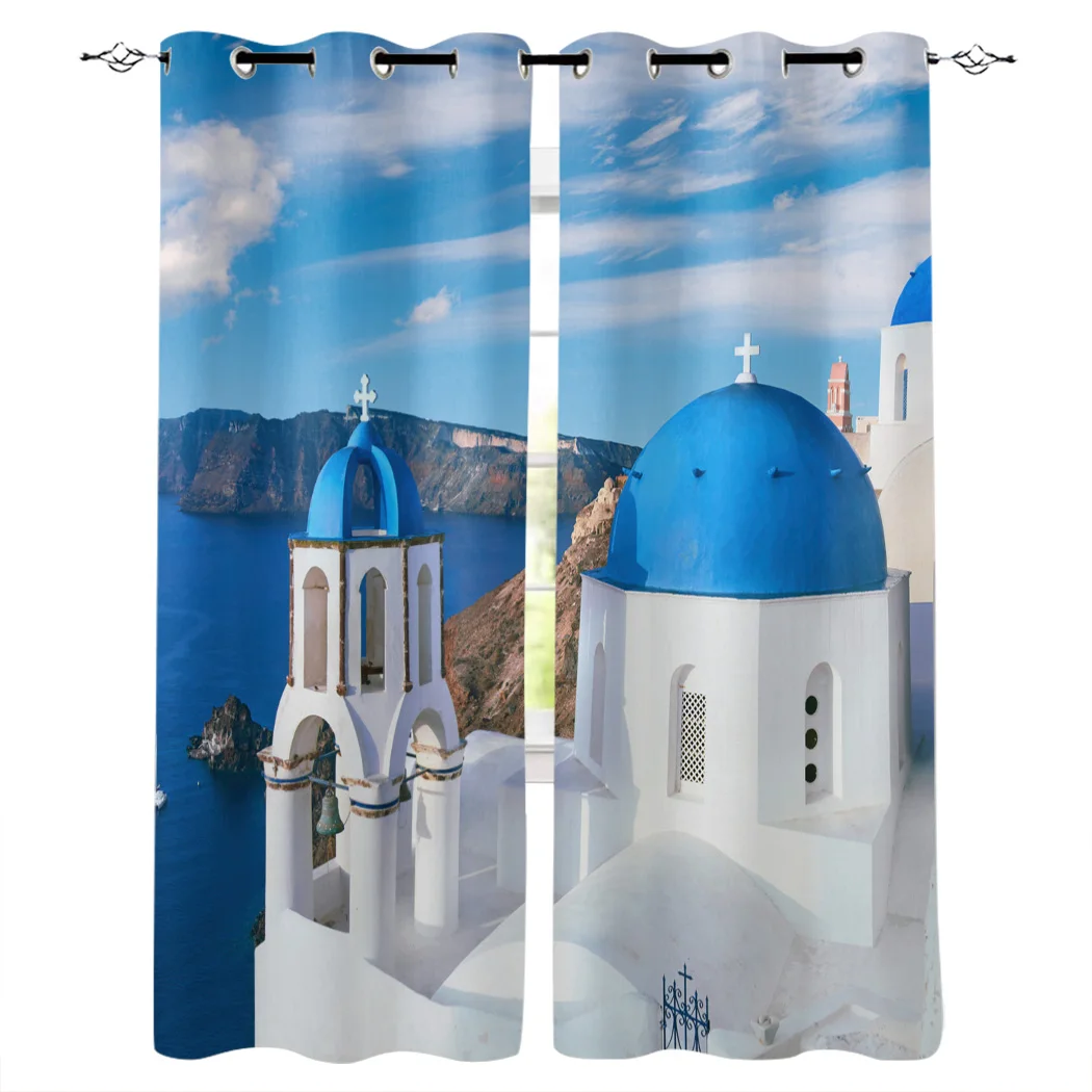 Greece Santorini Blue Roof Church Curtains for Windows Drapes Blinds Custom Printing Curtain For Living Room Bedroom Home Decor