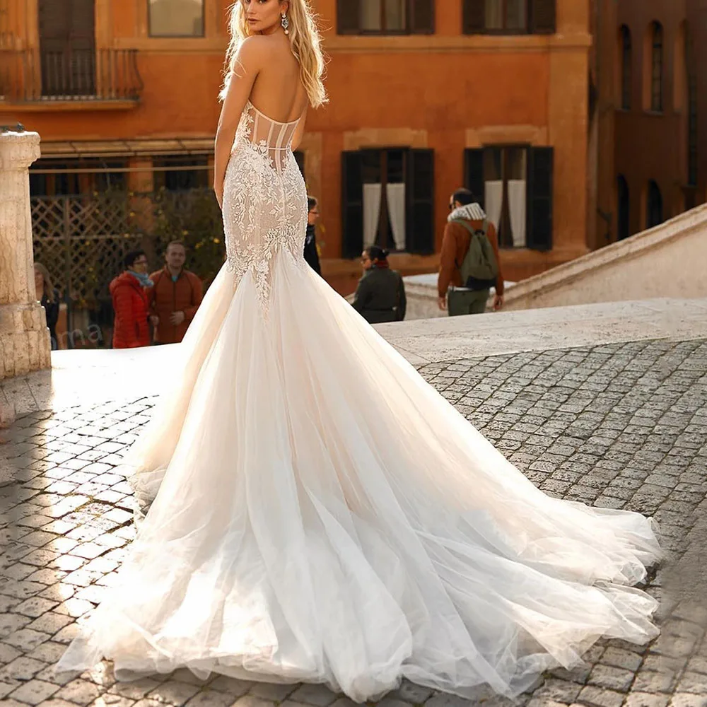 Abito da sposa a sirena champagne Illusion Appliques di pizzo abito da sposa senza spalline da donna abito da sposa su misura Robe De Mariee 2022