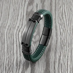 2021 New Fashion Punk Style Double Row Smooth Multicolor Stainless Steel Men's Bracelet Charm Green Wide Leather Cord Bracelet