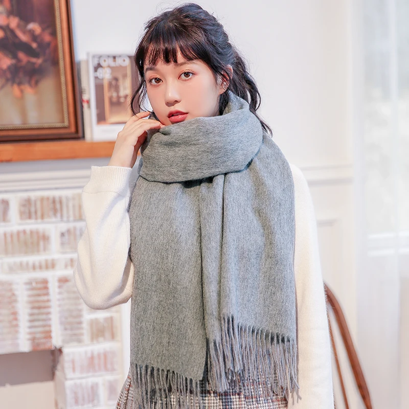 Winter 100% Wool Scarf for Women Thicken Warm Shawls and Wraps Pashmina Foulard Femme Solid Pink Cashmere Scarves Women Echarpe