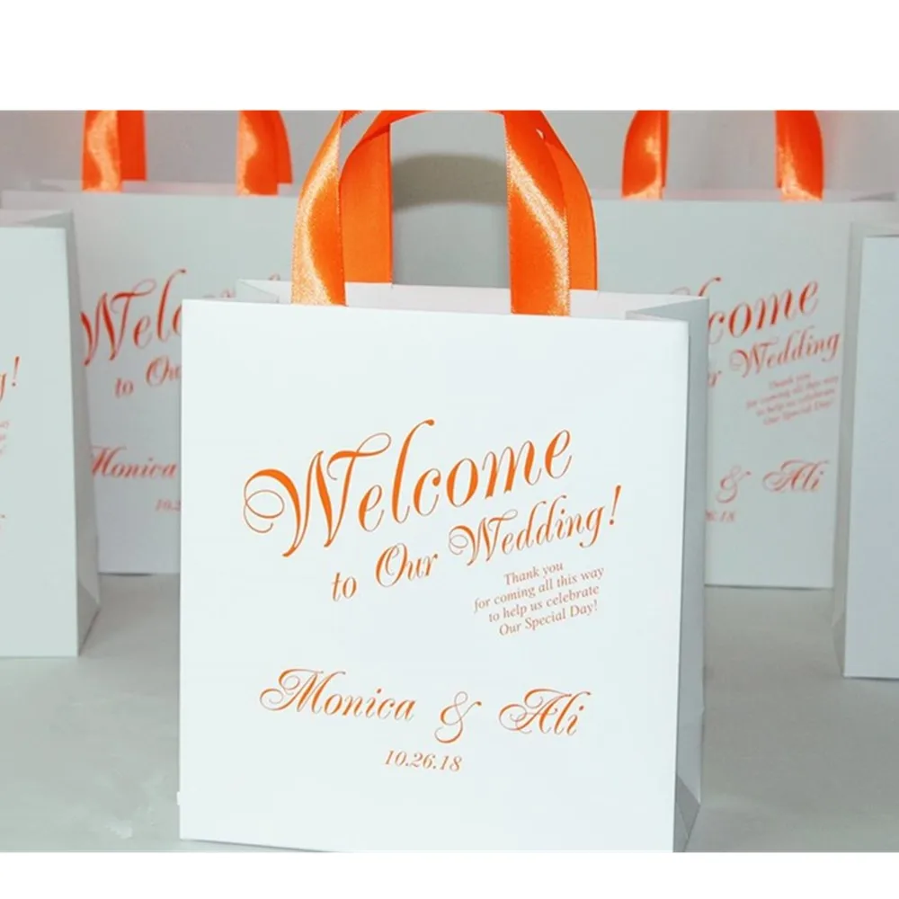 Personalized Wedding Welcome Bags with satin ribbon  and your names Welcome to Our Wedding Elegant Orange  favor for guests