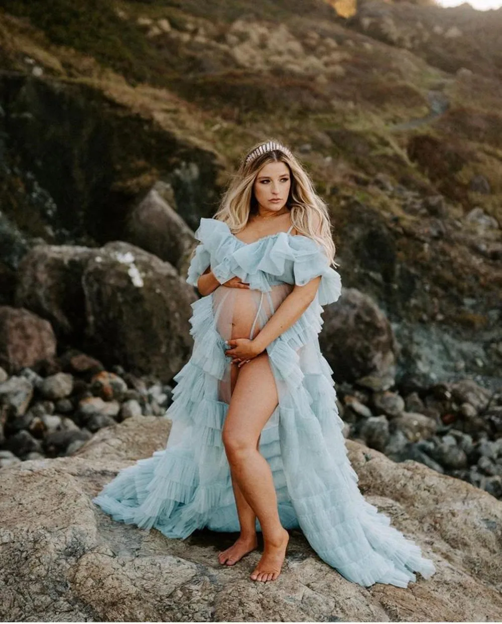 Vintage Maternity Photo Shoot Prom Dresses Ruffles Robe De Soiree Long Kimono Spaghetti Straps Evening Formal Dress Puffy Robe