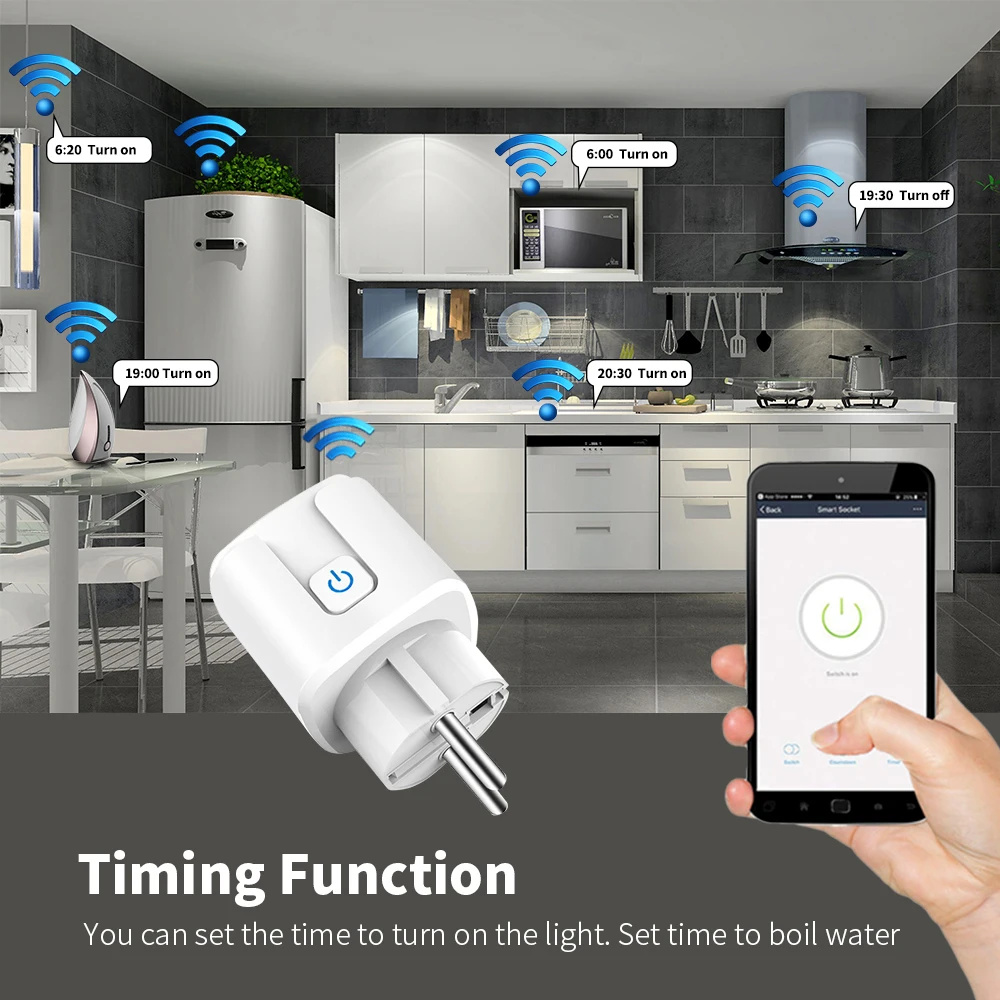 Enchufe inteligente con WIFI, adaptador inalámbrico con Control remoto por voz, Monitor de potencia, temporizador, enchufe de salida para Google