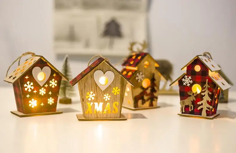 20pcs/lot Christmas Wooden House for Festival Kids Children Gift DIY Gifts with Electric Shining Candle Light Christmas Tree