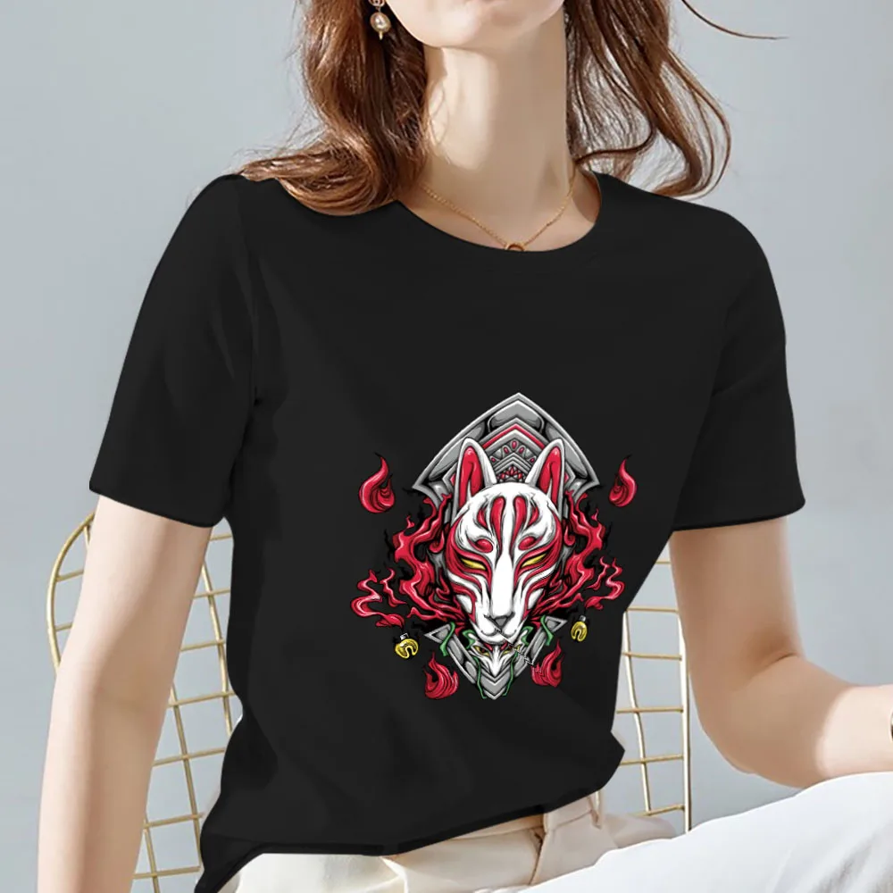 Fashion T-shirt Women Slim Harajuku Style Top Japanese Anime Mask Pattern Printing Casual O-neck Ladies Commuter Short Sleeves