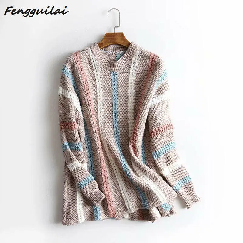 

Knitted Pullovers Women 2020 New winter autumn O-Neck Stripped long Sleeved Stella Filante Loose Jumper Knitwear Thin Sweater