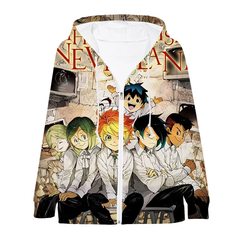 Sudadera con capucha con cremallera de The Promised Neverland para hombre y mujer, chaqueta cárdigan informal holgada y cálida de poliéster con