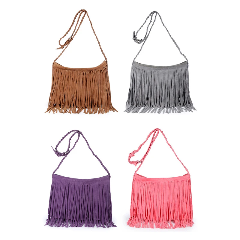 2023 New Women\'s Fringed Leather Shoulder Bag with Knitting Strap Soft Ethnic Style PU Messenger Bag Solid Color Tassels Handbag