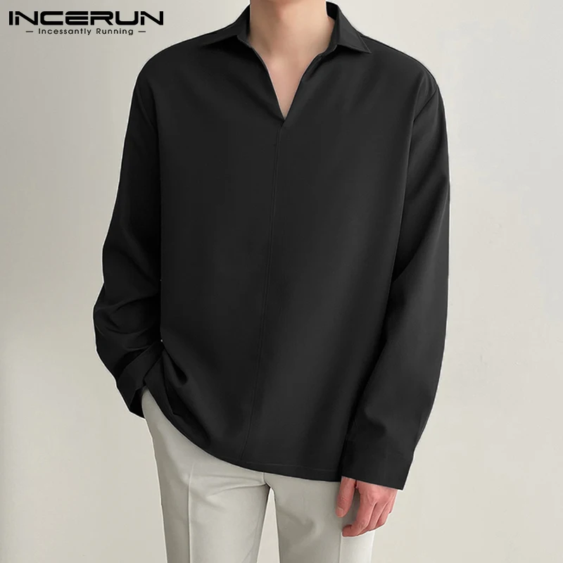 INCERUN Men Casual Shirt Turn Down Collar 2023 Solid Color Long Sleeve Loose Korean Men Clothing Streetwear Leisure Camisa S-3XL