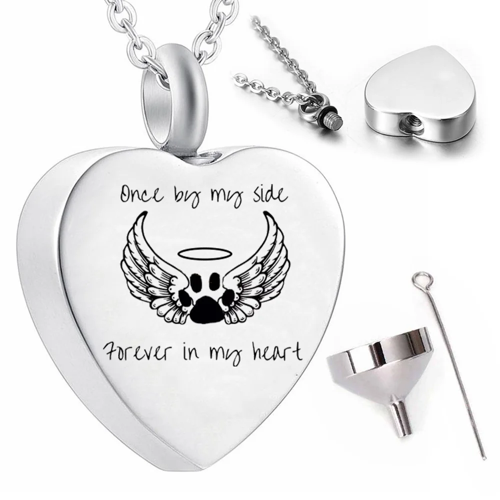 Angel wings cremation jewelry stainless steel heart pendant necklace pet dog memorial urn-once by my side forever in my heart