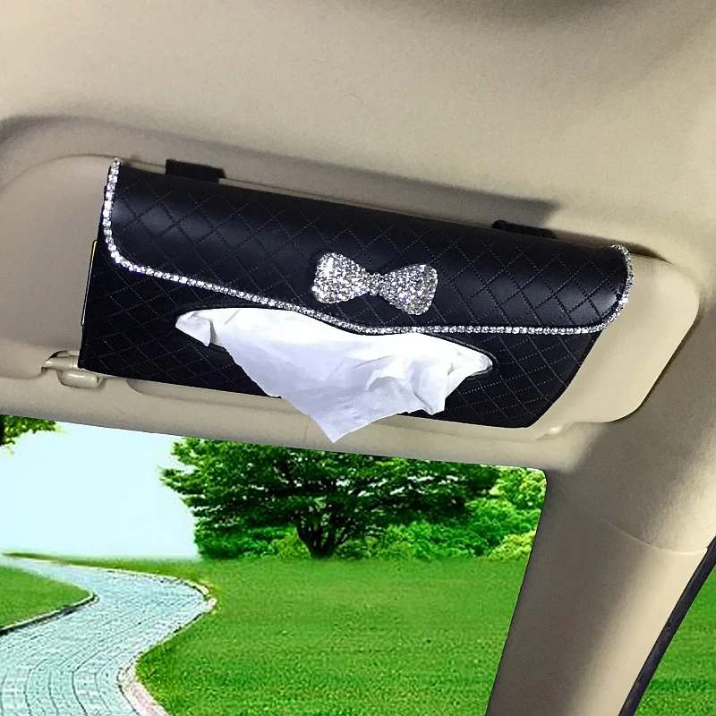 Rhinestone Crystal Car Tissue Box Towel Sets Car Sun Visor Tissue Box Holder Auto Interior Storage Decoration Car Accessories