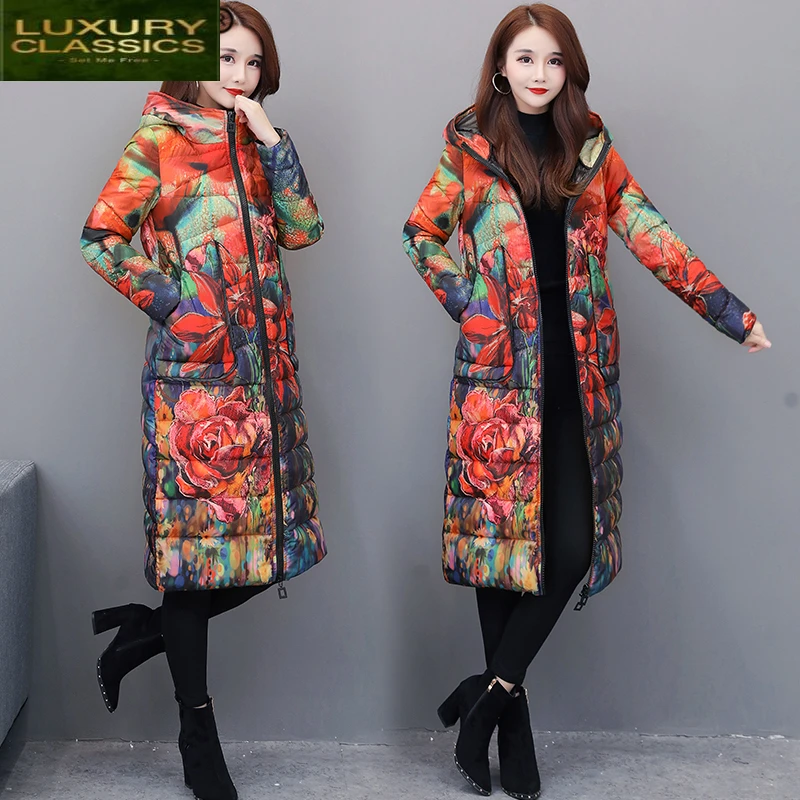 

Women's Fashion Down 6XL Jacket Winter Coat Female Clothes 2021 Long Floral Down Parka Hooded Ladies Overcoat Hiver 1858