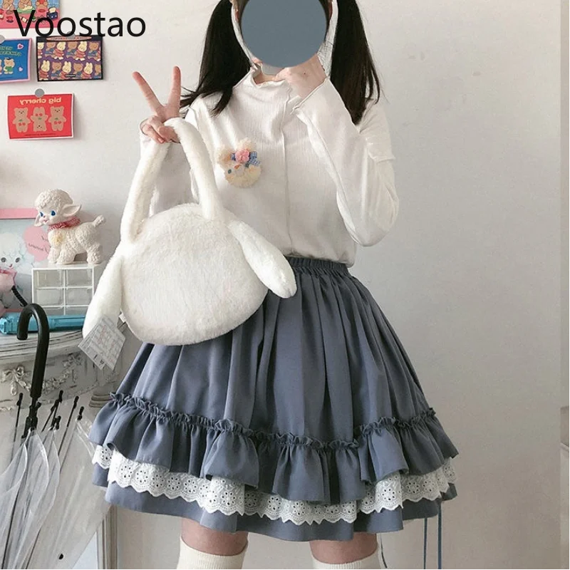 Japanese Sweet Chic Lolita Style Mini Cake Skirts Vintage Cute Women Lace Ruffles JK Skirt Girly Kawaii High Waist Tiered Skirt