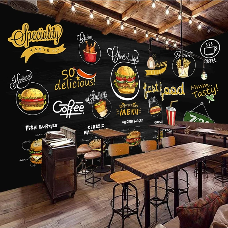 Custom Mural Hand Painted Blackboard Pizza Hamburger 3D Photo Wallpaper Kitchen Restaurant Background Wall Decor Papier Peint