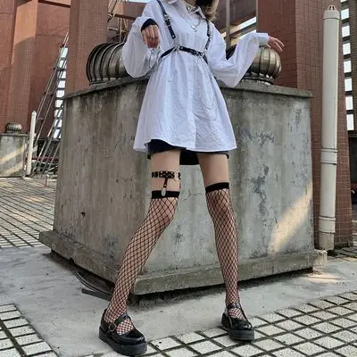 Gothic Black Rivet Leg Ring Over Knee Stockings Streetwear Girls Punk Thin Leg Ring Clip Buckle Fashion JK Fishnet Long Socks