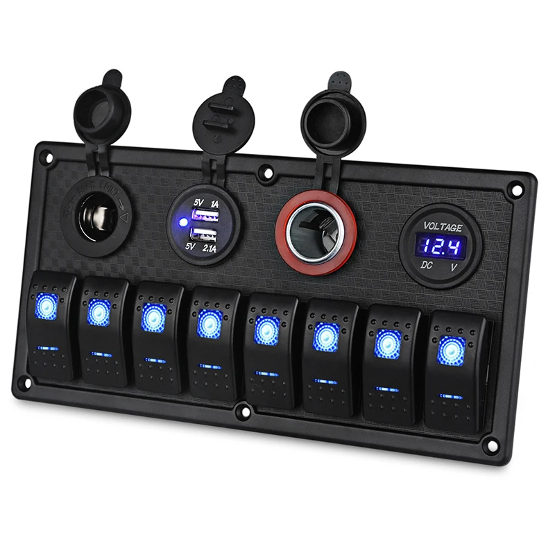 Waterproof Boat Marine Switch Panel + USB Power Socket + Dual Cigarette Lighter + Led Voltmeter 8 Gang Car Rocker Switch Panel