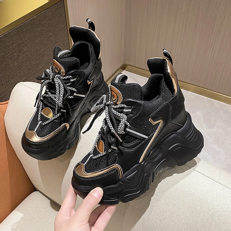 2022 Spring Thick Sole Casual Dad Shoes Breathable Leather Chunky Sneakers Lace-up 10CM High Platform Sports Shoes Zapatos Mujer