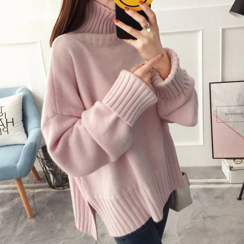 Turtleneck Sweater Women Side Slit Casual Womens Pullovers Ribbed XXL Loose Winter Simple Elegant All-match Fashion Sweaters