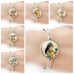 Egyptian Ankh Pharaoh Pyramid Bracelet Ancient Egypt Culture Sphinx Anubis Scarab Goddesst Glass Cabochon Silver-plate Bangle