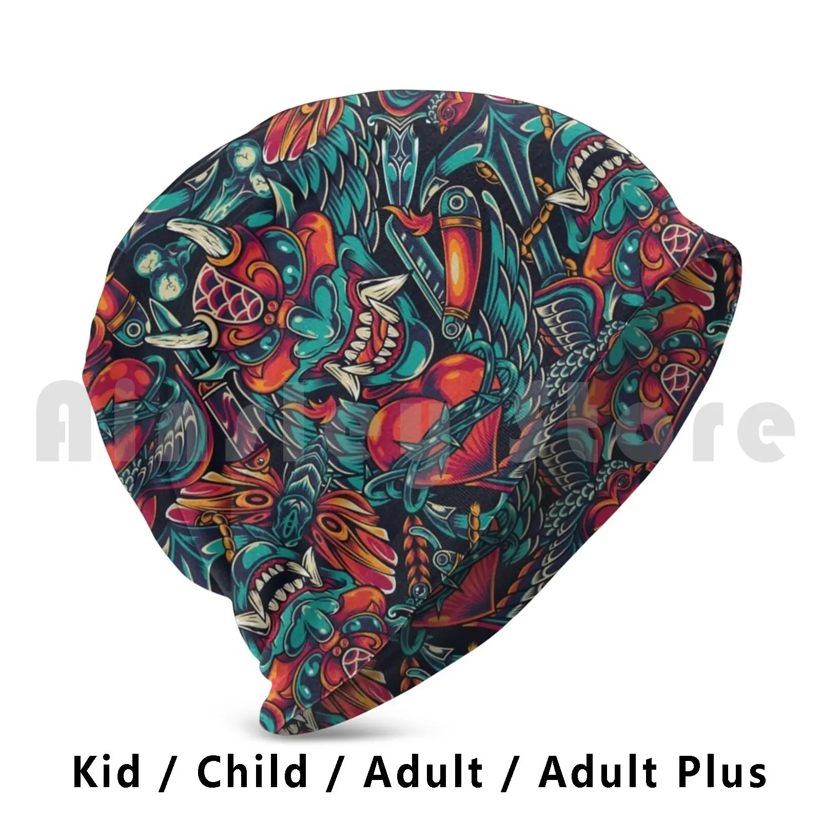 

Classic Colourful Tattoo Pattern With Oni Beanies Knit Hat Hip Hop Traditional Attoo Japanese Demon Oni Bird