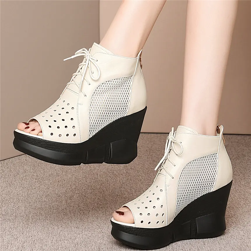 

Lace Up Fashion Sneakers Women Genuine Leather Platform Wedges High Heel Gladiator Sandals Female Peep Toe Summer Punk Creepers