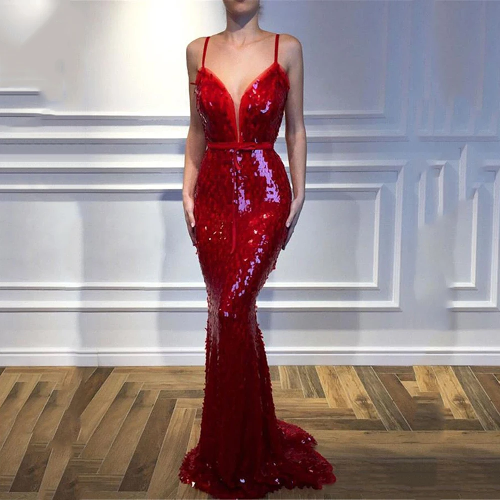 Eightree Sparkly Royal Red Sequined Prom Dresses Formal 2021 Mermaid Spaghetti Straps Long Evening Gowns Sleeveless Party Dress